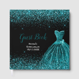 Libro De Visitas Teal Blue Dress Faux Glitter Quinceanera