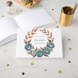 Libro De Visitas Teal Roses and Copper Leaves Wedding