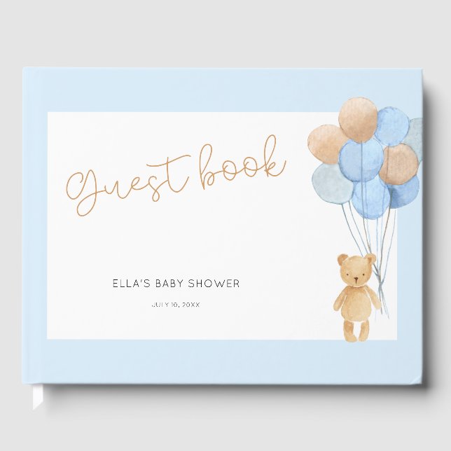 Libro De Visitas Teddy Bear Blue Tan Balloons Baby Shower (Anverso)