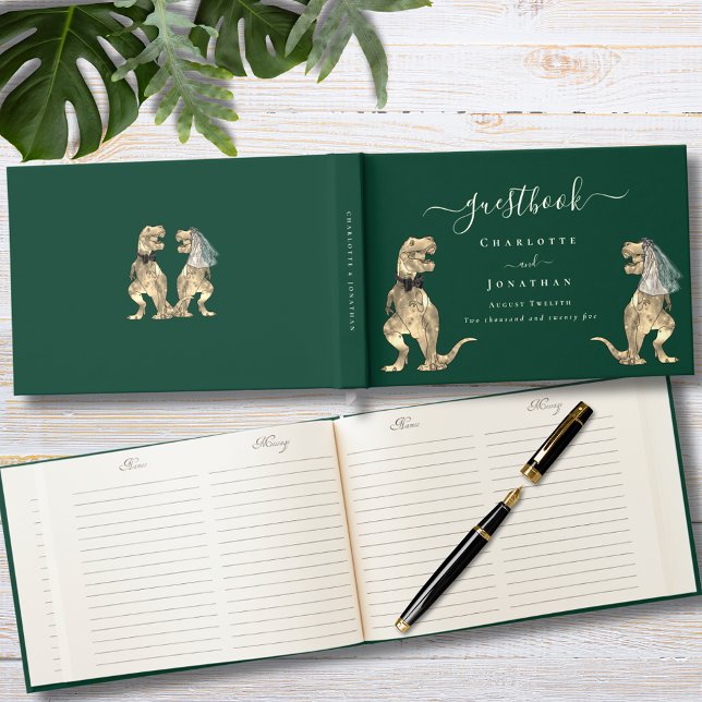 Libro De Visitas Tema de Dinosaurios Boda Verde y Oro ( Dinosaur bride and groom wedding custom dark green and gold foil guest book with funny T-Rex dino)