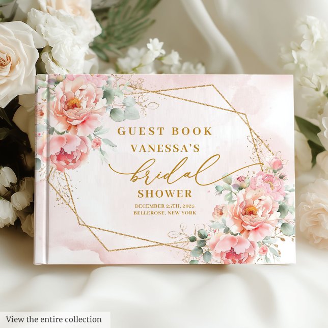 Libro De Visitas Tendencias Boho Rosa Beige Dorado Floral Desayuno  (Trendy Boho Blush Pink Gold Floral Bridal Shower Guest Book)