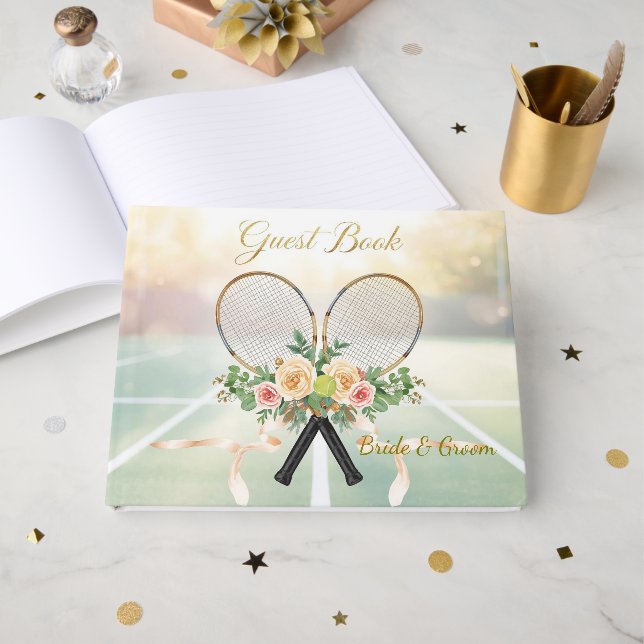 Libro De Visitas Tennis Wedding Guest Book – Floral Racket  (Anverso Abierto)