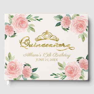 Libro De Visitas Tiara dorada quinceañera floral rosa rubor