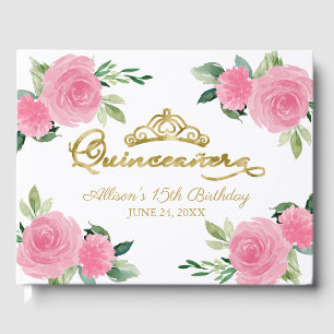 Libro De Visitas Tiara dorada rubor flores rosadas Quinceañera