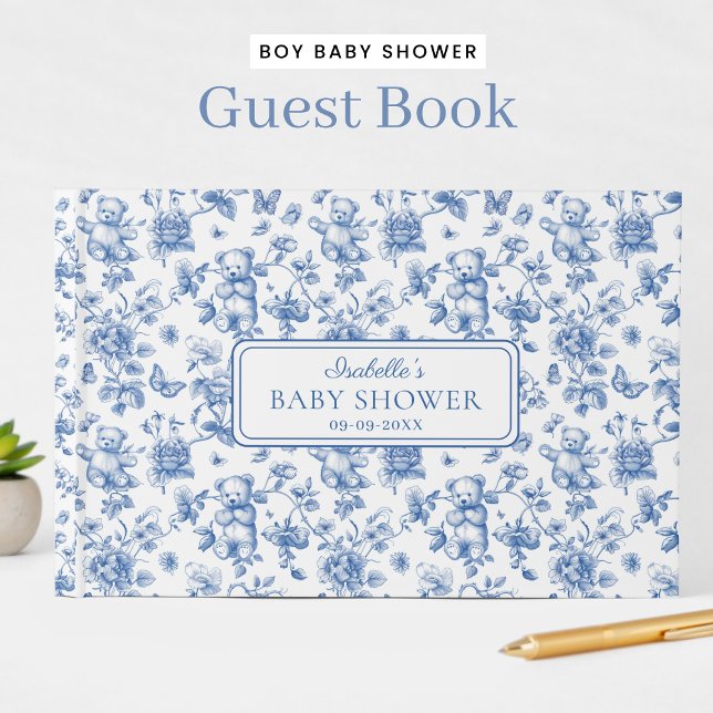 Libro De Visitas Toile De Jouy Teddy Bear Blue Baby Shower (Subido por el creador)