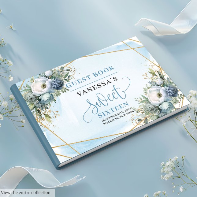 Libro De Visitas Tonos blancos azul pastel radiante Dieciséis (Radiant Pastel Blue White Peonies Sweet Sixteen Guest Book)