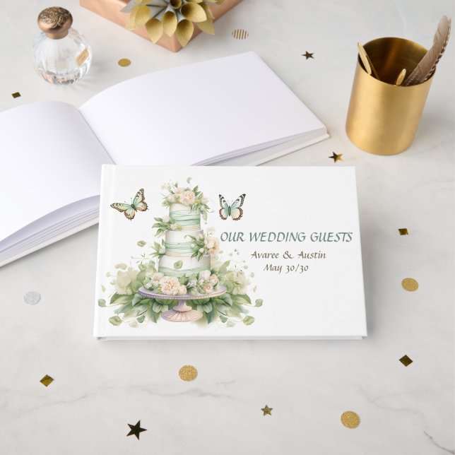 Libro De Visitas Torta de boda blanca verde (Anverso Abierto)