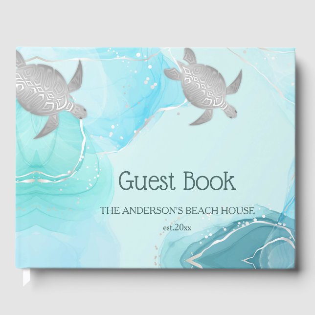 Libro De Visitas Tortugas de plata tinta turquesa Casa Costera (Anverso)