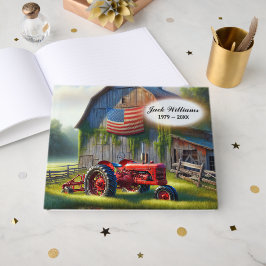 Libro De Visitas Tractor Rojo y Viejo Granero con Bandera Americana