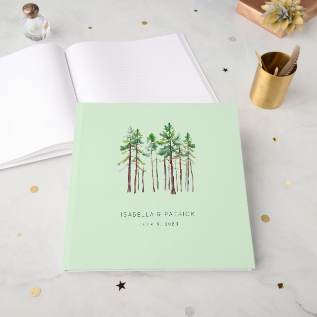 Libro De Visitas Tranquilos Árboles de Pino Acuarela de Menta (Anverso Abierto)