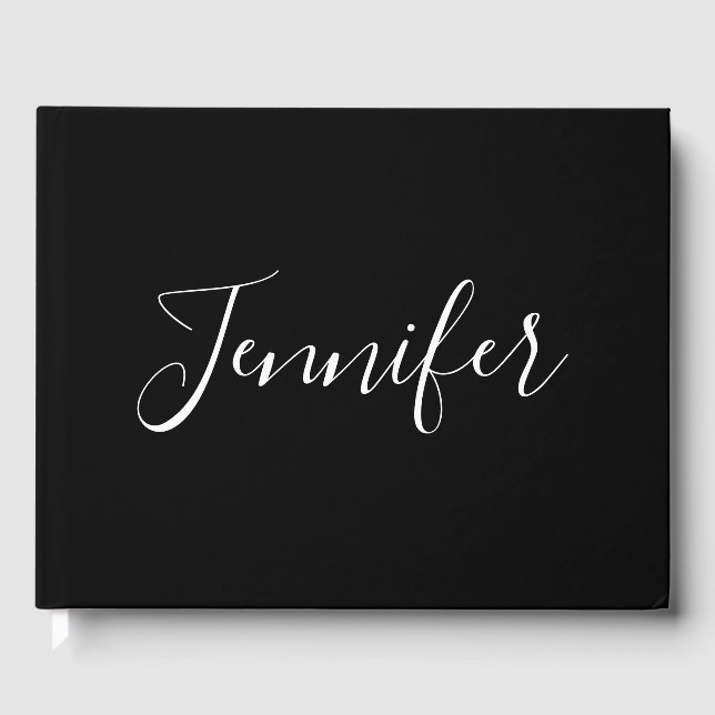 Libro De Visitas Tu nombre | Elegante guión blanco sobre negro (Anverso)
