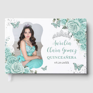 Libro De Visitas Turquesa Azul Floral Plata Quinceañera 16 Foto