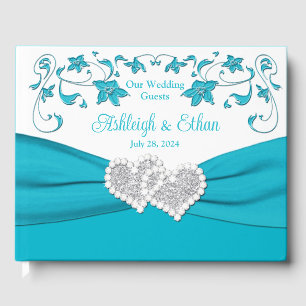 Libro De Visitas Turquesa, blanco, Boda de los corazones de amor pl