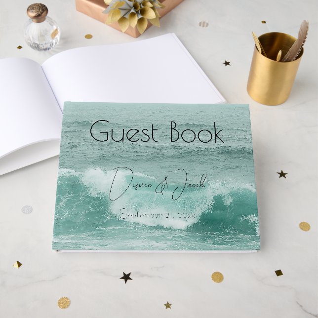 Libro De Visitas Turquesa Blanco Náutico Olas del Océano Playa (Anverso Abierto)
