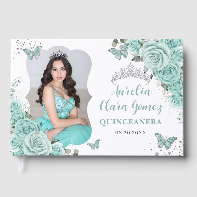 Libro De Visitas Turquoise Blue Floral Silver Quinceanera 16 Photo (Anverso)