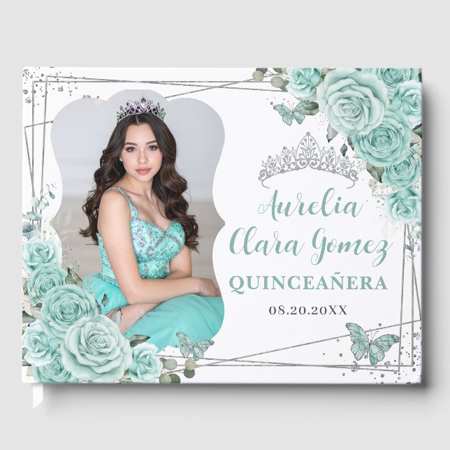 Libro De Visitas Turquoise Floral Butterflies QUINCEAÑERA 16 Photo (Anverso)