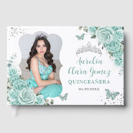 Libro De Visitas Turquoise Green Roses Floral QUINCEAÑERA 16 Photo