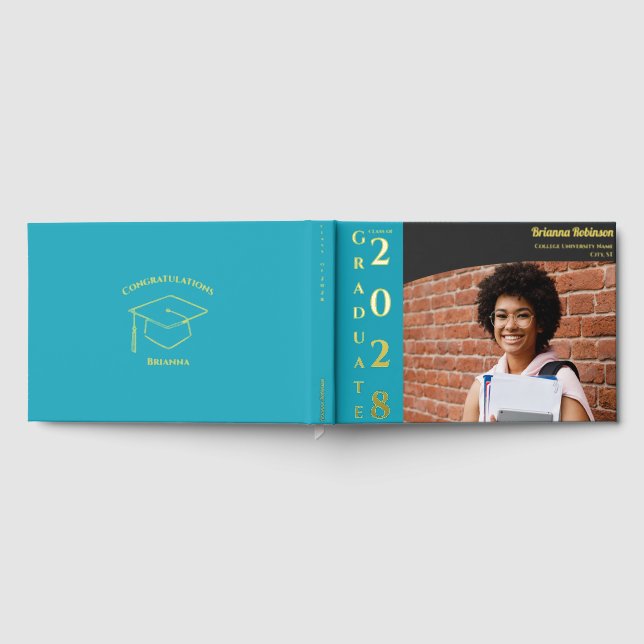 Libro De Visitas Turquoise Modern Photo Graduation Party Gold  (Lleno)