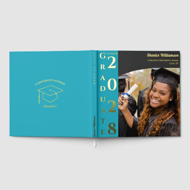 Libro De Visitas Turquoise Modern Photo Graduation Party Gold (Lleno)