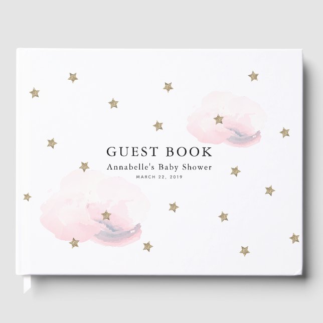 Libro De Visitas Twinkle Gold Stars & Pink Clouds Baby Shower (Anverso)