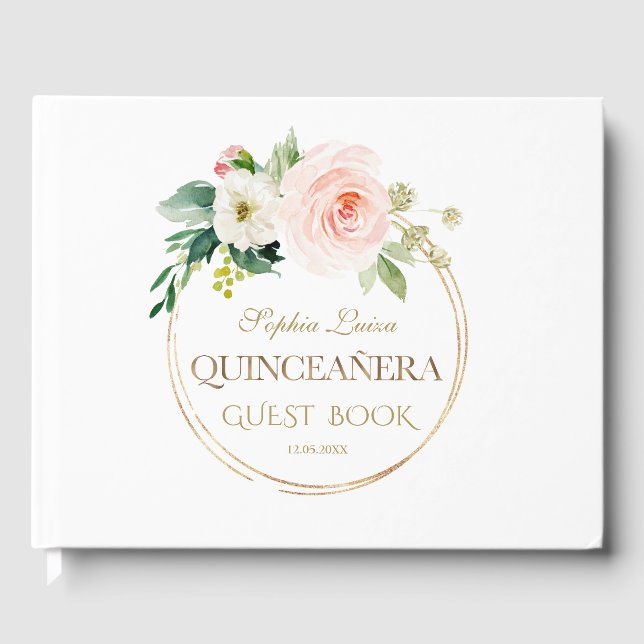 Libro De Visitas Único Rubor Floral Gold Quinceañera (Anverso)