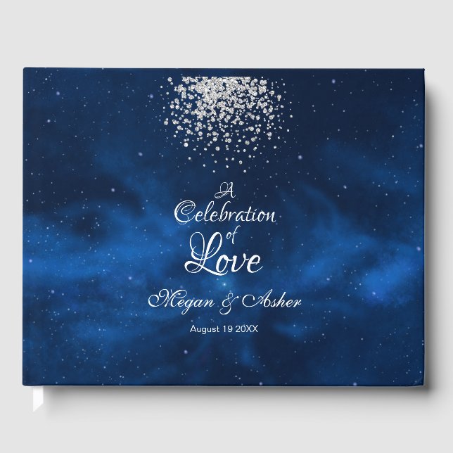 Libro De Visitas Universo romántico azul con confetti plateado (Anverso)