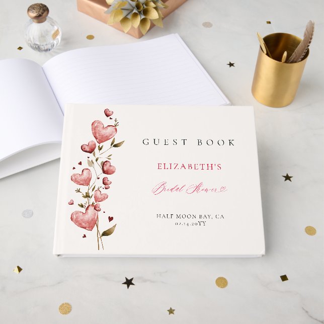 Libro De Visitas Valentine Bridal Shower Whimsical Hearts Botanical (Anverso Abierto)