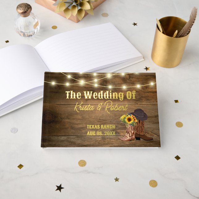 Libro De Visitas Vaquero rústico bota Relieve metalizado Boda occid (Anverso Abierto)