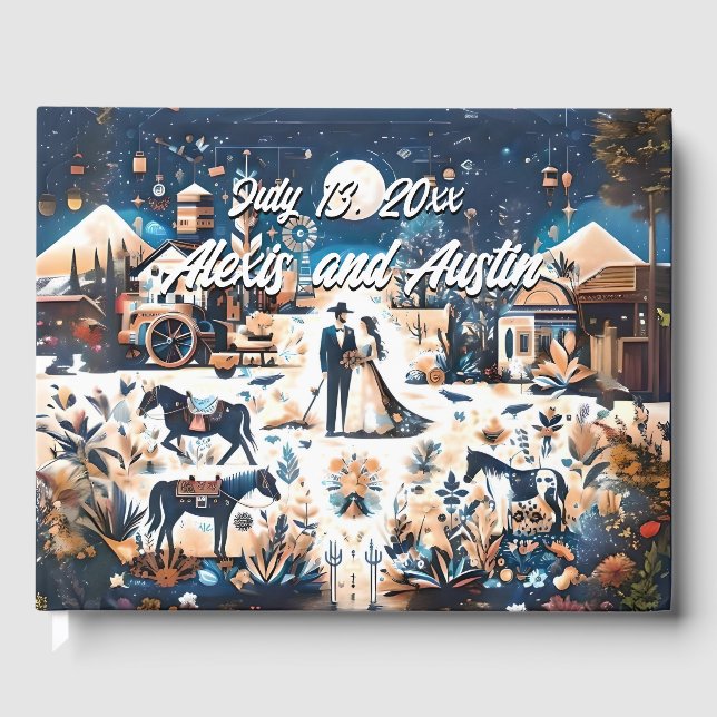 Libro De Visitas Vaquero y novia azul estilo occidental Boda (Anverso)