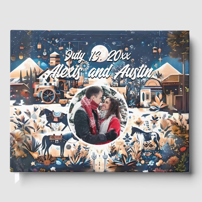 Libro De Visitas Vaquero y novia azul estilo occidental Boda (Anverso)