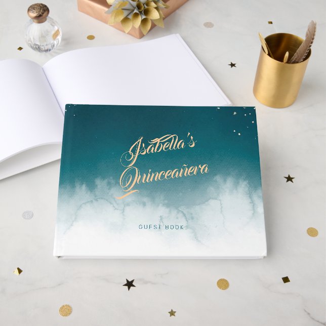 Libro De Visitas Verde azulada acuarela Golden Splatter Quinceañera (Anverso Abierto)