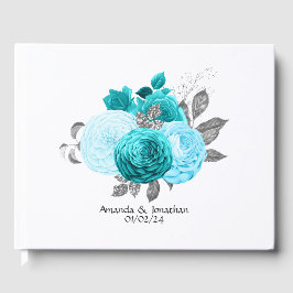 Libro De Visitas Verde azulado - Boda floral turquesa y plateado