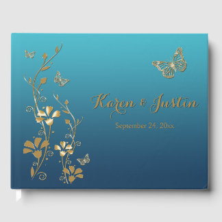 Libro De Visitas Verde azulado, Gold Floral, Butterflies Boda Guest