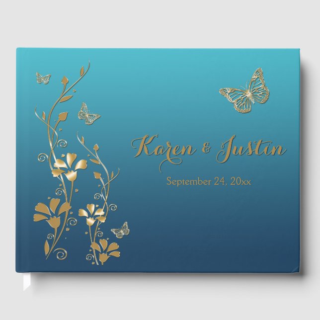 Libro De Visitas Verde azulado, Gold Floral, Butterflies Boda Guest (Anverso)