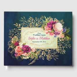Libro De Visitas Verde azulado, naval, verde, oro audaz Boda de Flo