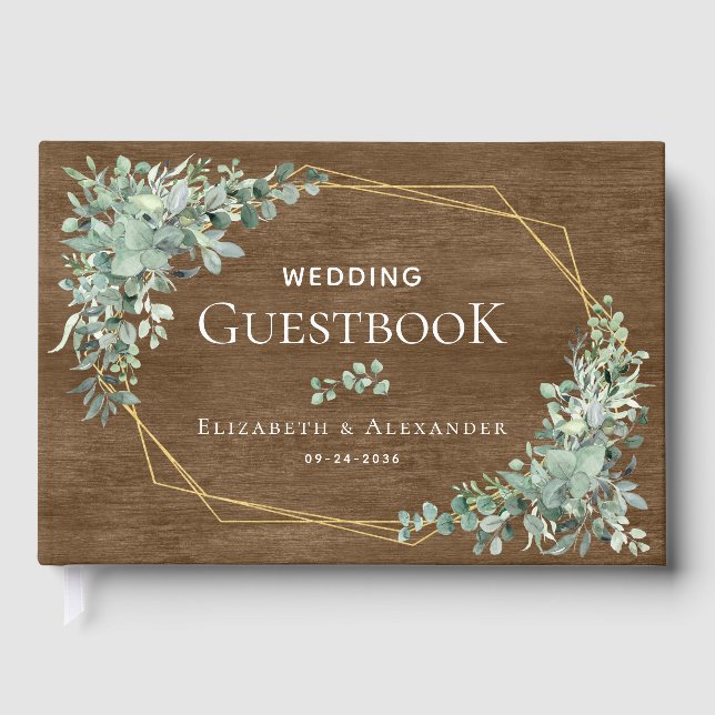 Libro De Visitas Verde de madera rústica Elegante Boda Eucalyptus (Anverso)