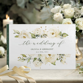 Libro De Visitas Verde Elegante Boda floral de rosa blanca