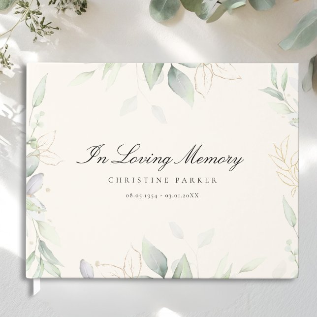 Libro De Visitas Verde "En Amable Memoria" Beige Funeral  (Greenery "In Loving Memory" Beige Funeral Guest Book)