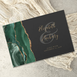 Libro De Visitas Verde Esmeralda Moderno Ágata Dorado Oscuro Escrit