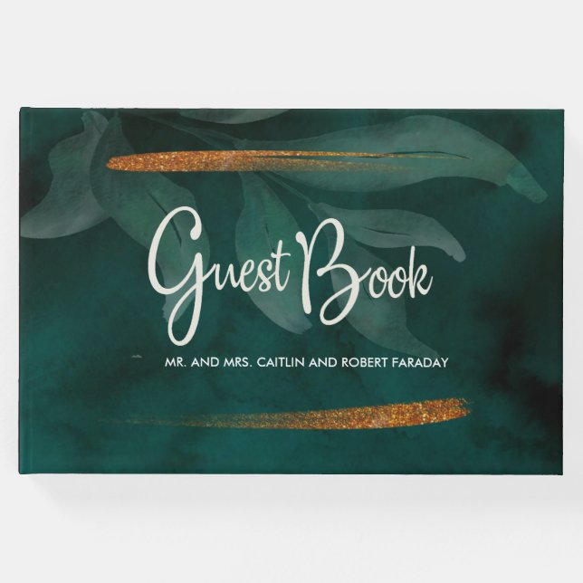 Libro De Visitas verde esmeralda moderno y hojas (Anverso)