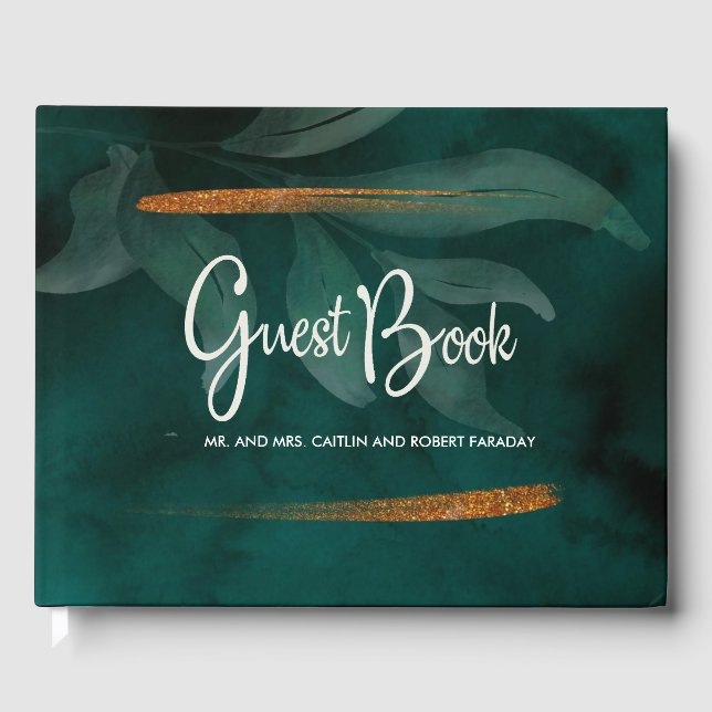 Libro De Visitas verde esmeralda moderno y hojas (Anverso)