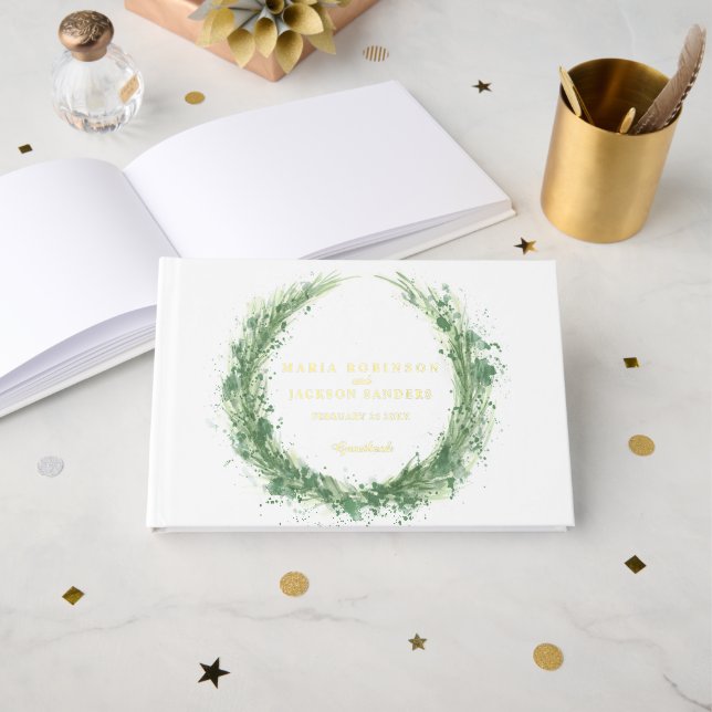 Libro De Visitas verde hierba acuática boda sabio verde (Anverso Abierto)