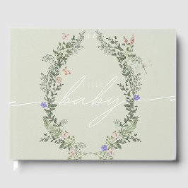 Libro De Visitas Verde personalizado de Baby Shower con flores silv