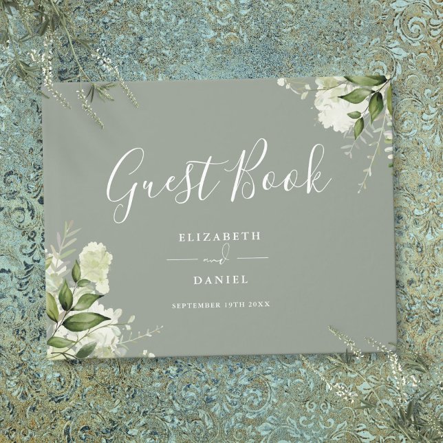 Libro De Visitas Verde Salvia Floral Bodas Verdes (Greenery Floral Sage Green Wedding Guest Book)