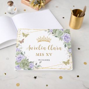 Libro De Visitas Verde Salvia Floral Mariposas Quinceañera Morado