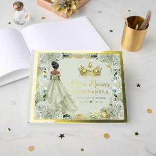 Libro De Visitas Verde Salvia Floral Princesa y Rana Quinceañera
