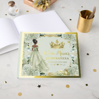 Libro De Visitas Verde Salvia Floral Princesa y Rana Quinceañera