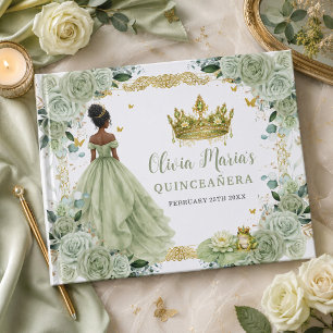 Libro De Visitas Verde Salvia Floral Princesa y Rana Quinceañera