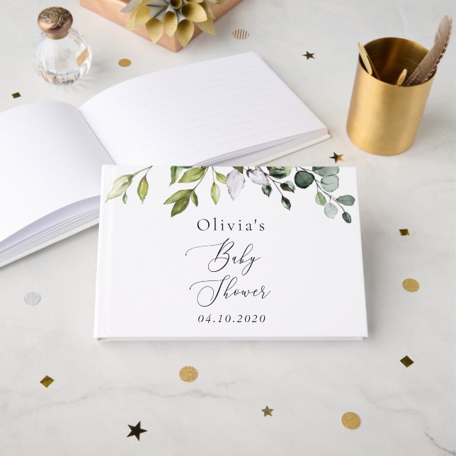 Libro De Visitas Verdor, hojas de eucalipto, Boho, Baby Shower (Anverso Abierto)