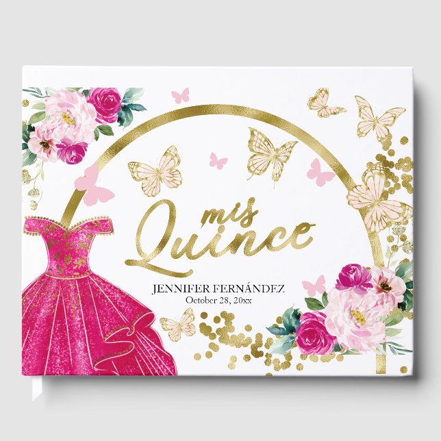 Libro De Visitas Vestido de mariposa rosa caliente Quinceanera Gues (Anverso)